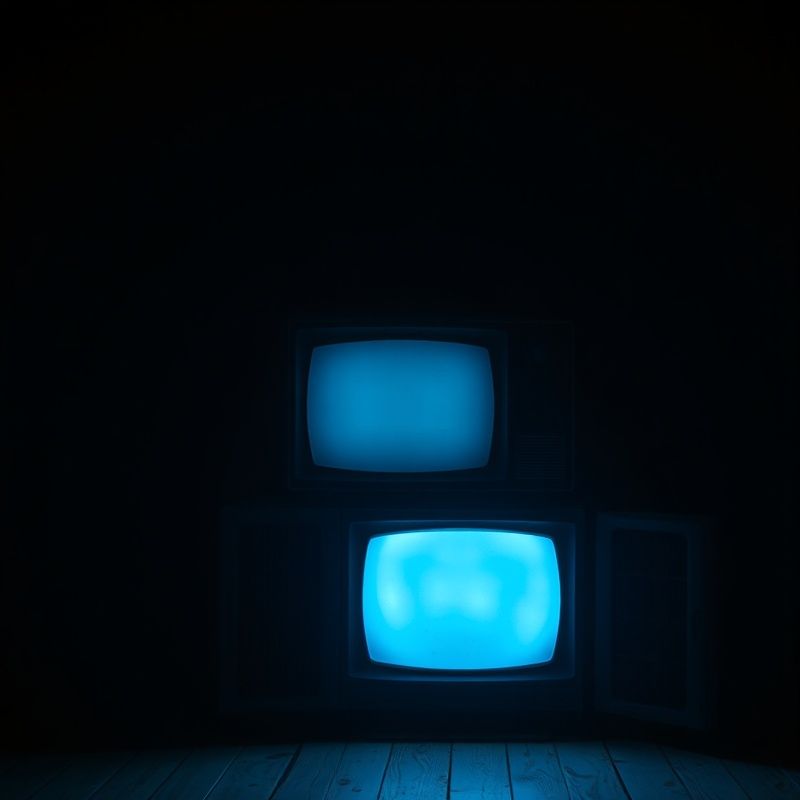 Zabytkowy polski telewizor świecący w ciemnym pokoju, filmowe światło noir z lazurowymi refleksami